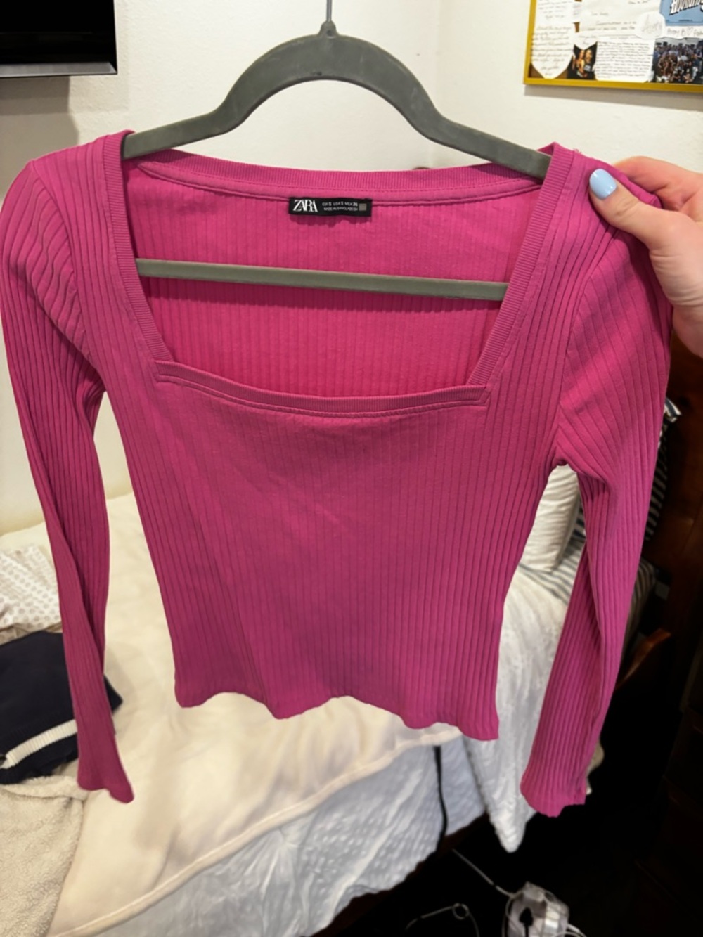 Zara Ribbed Square-Neck Long Sleeve Top - Pink